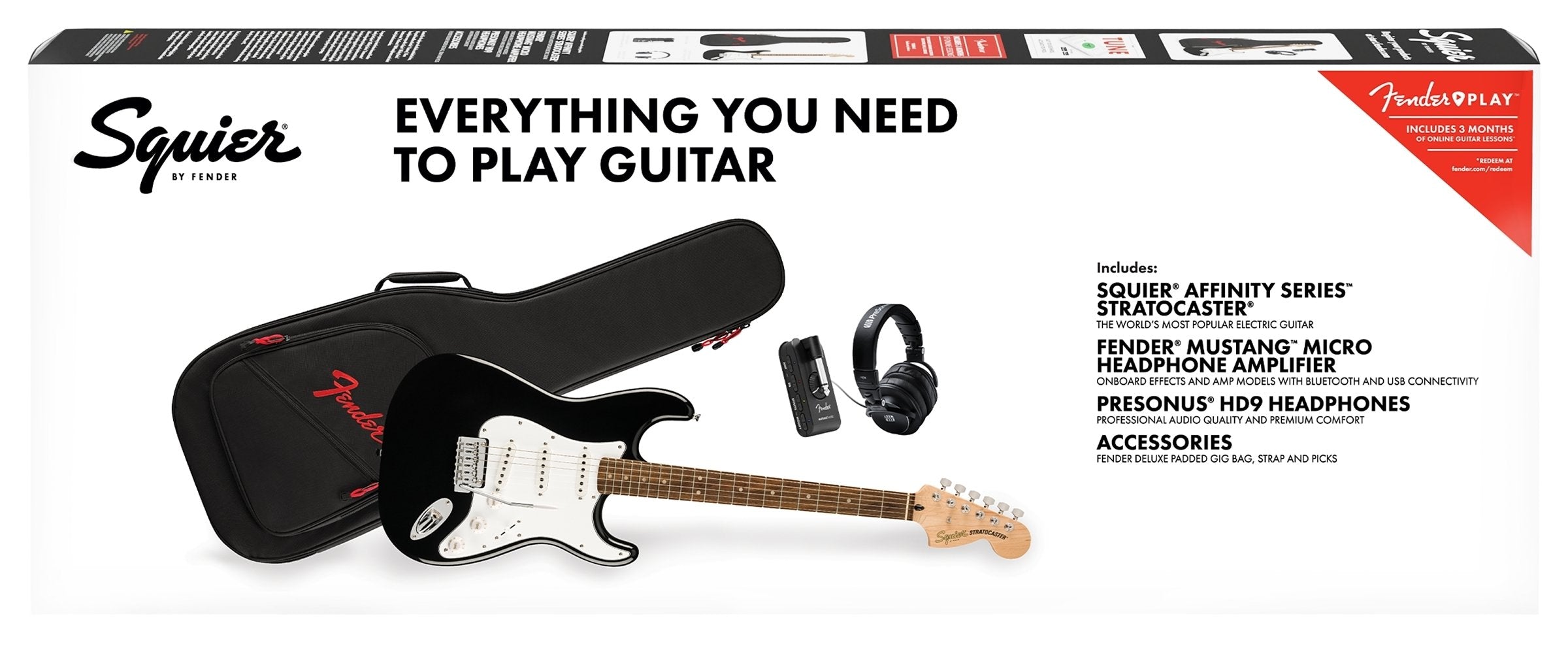 Squier Affinity Series™ Stratocaster® Mustang™ Micro Pack, Laurel Fingerboard, Black, Gig Bag, HD9, MX, CHN, BR