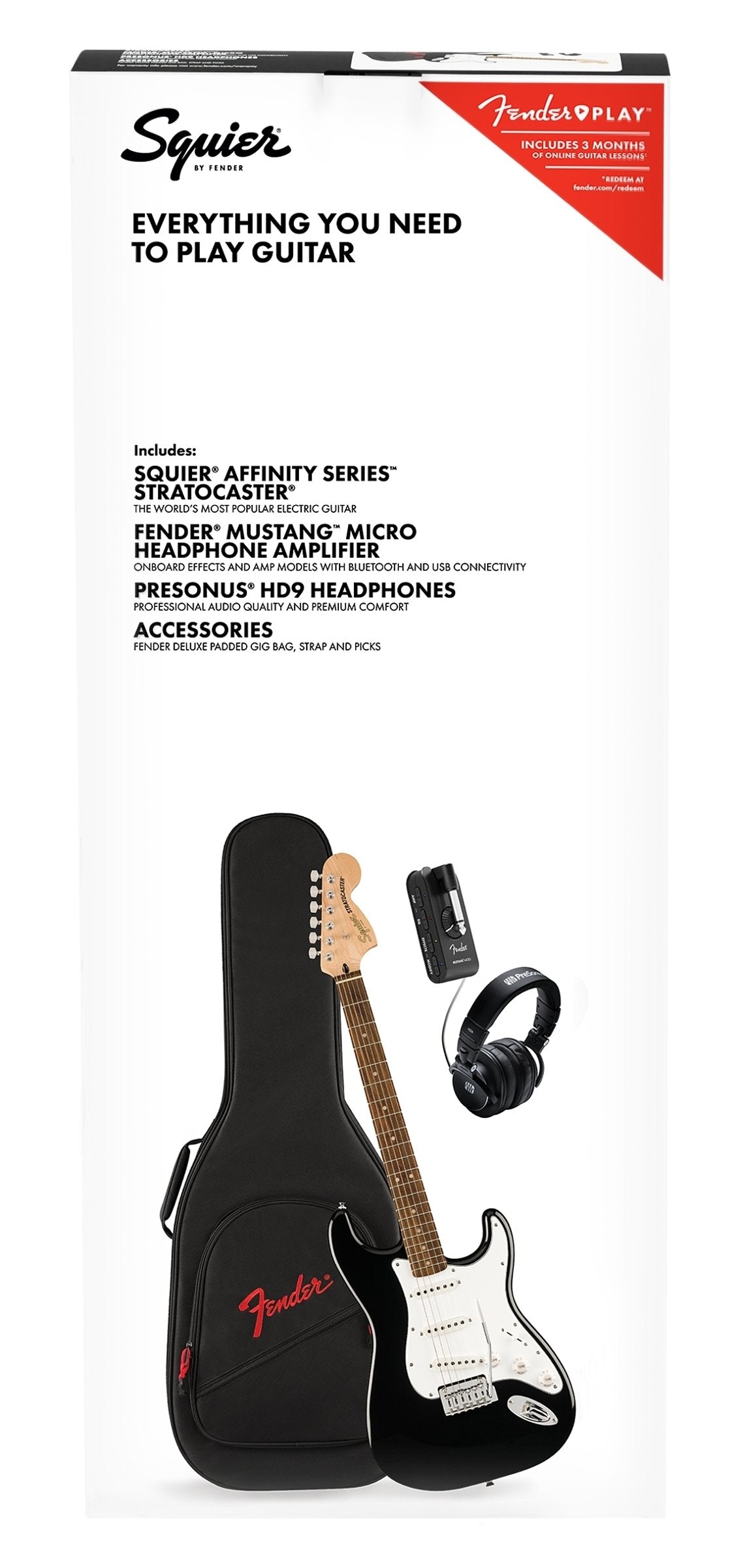 Squier Affinity Series™ Stratocaster® Mustang™ Micro Pack, Laurel Fingerboard, Black, Gig Bag, HD9, MX, CHN, BR