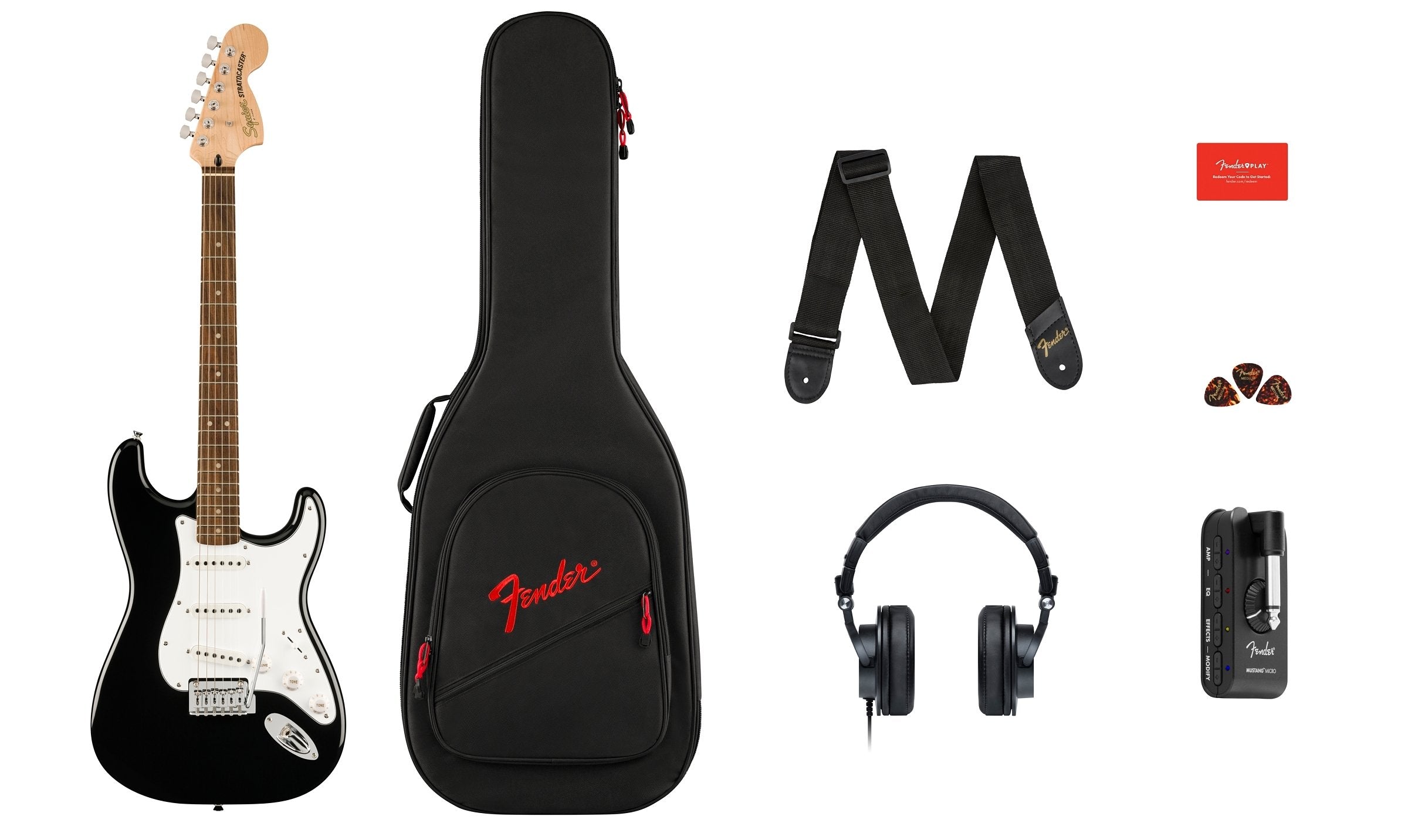 Squier Affinity Series™ Stratocaster® Mustang™ Micro Pack, Laurel Fingerboard, Black, Gig Bag, HD9, MX, CHN, BR